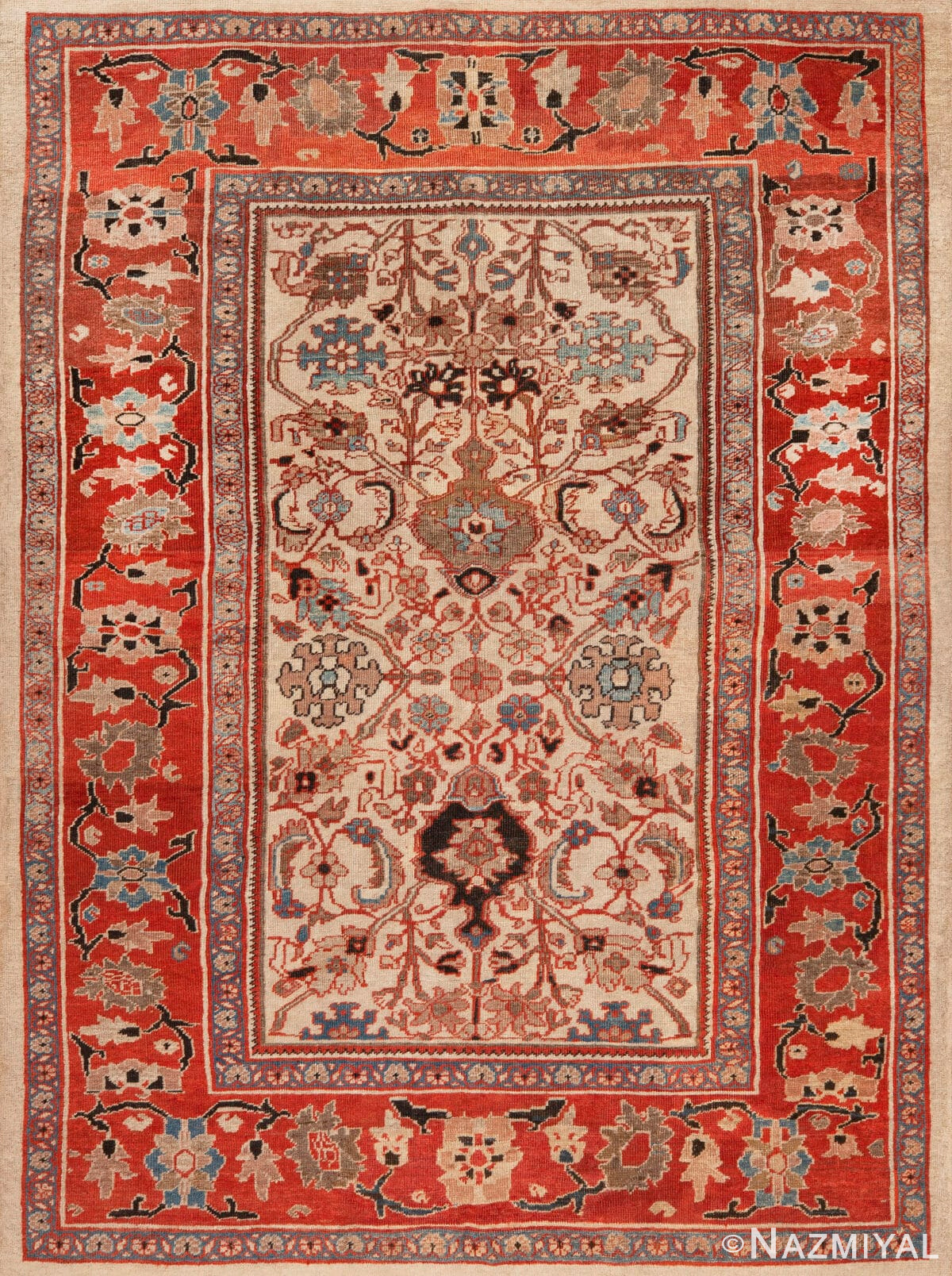 Antique Persian Sultanabad Rug Ivory Field with Coral Red Border 73615 by Nazmiyal Antique Collection