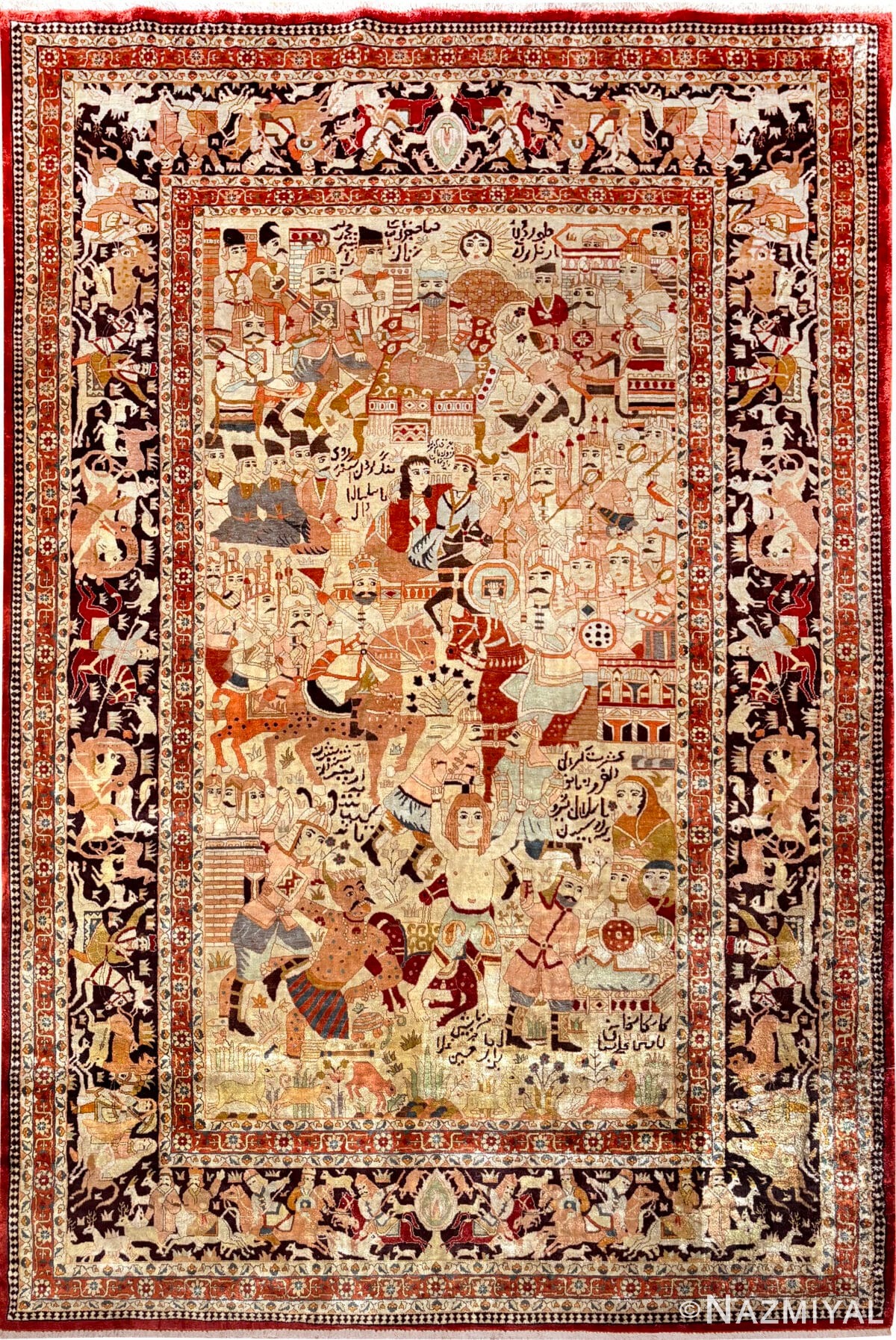 Antique Persian Tabriz Pictorial Rug Depicting Heroic and Courtly Scenes 73616 by Nazmiyal Antique Rugs