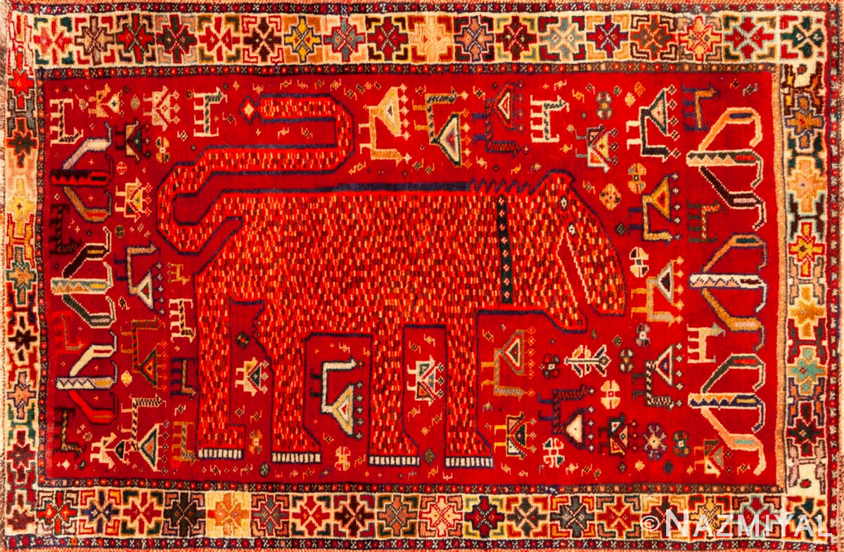 Roaring Geometry: Vintage Tribal Lion Rug in Fiery Red 73656 by Nazmiyal Antique Collection