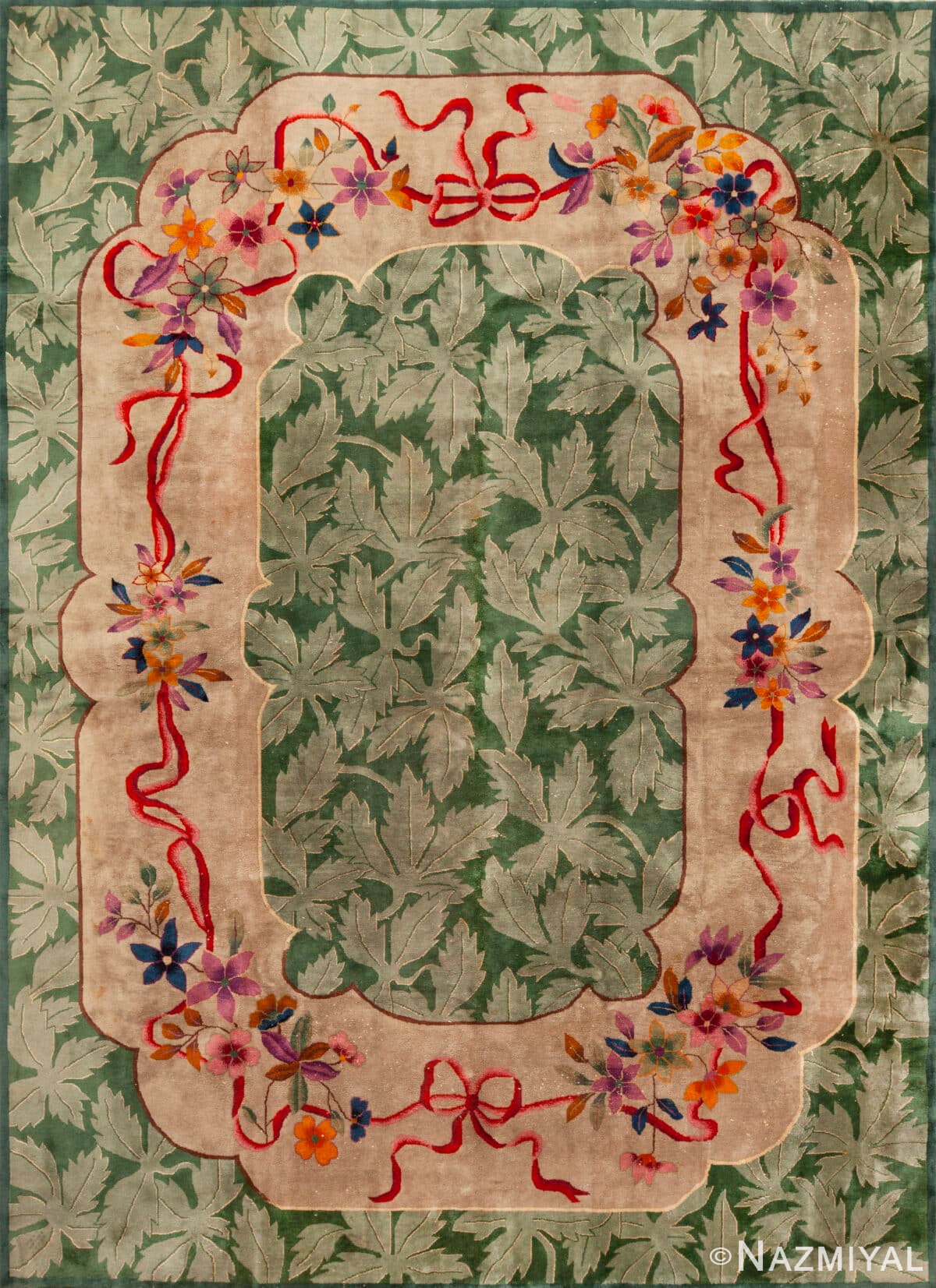 Antique Chinese Art Deco Rug with Leafy Green Field and Floral Ribbon Border 73711 by Nazmiyal Antique Rugs