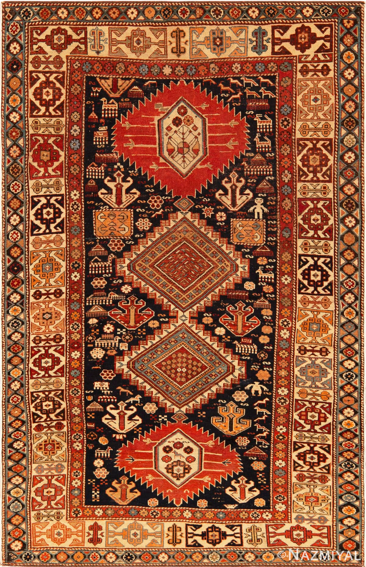 Antique Shirvan Rug with Tribal and Animal Motifs Rare 19th Century Folk Art 73705 by Nazmiyal Antique Rugs