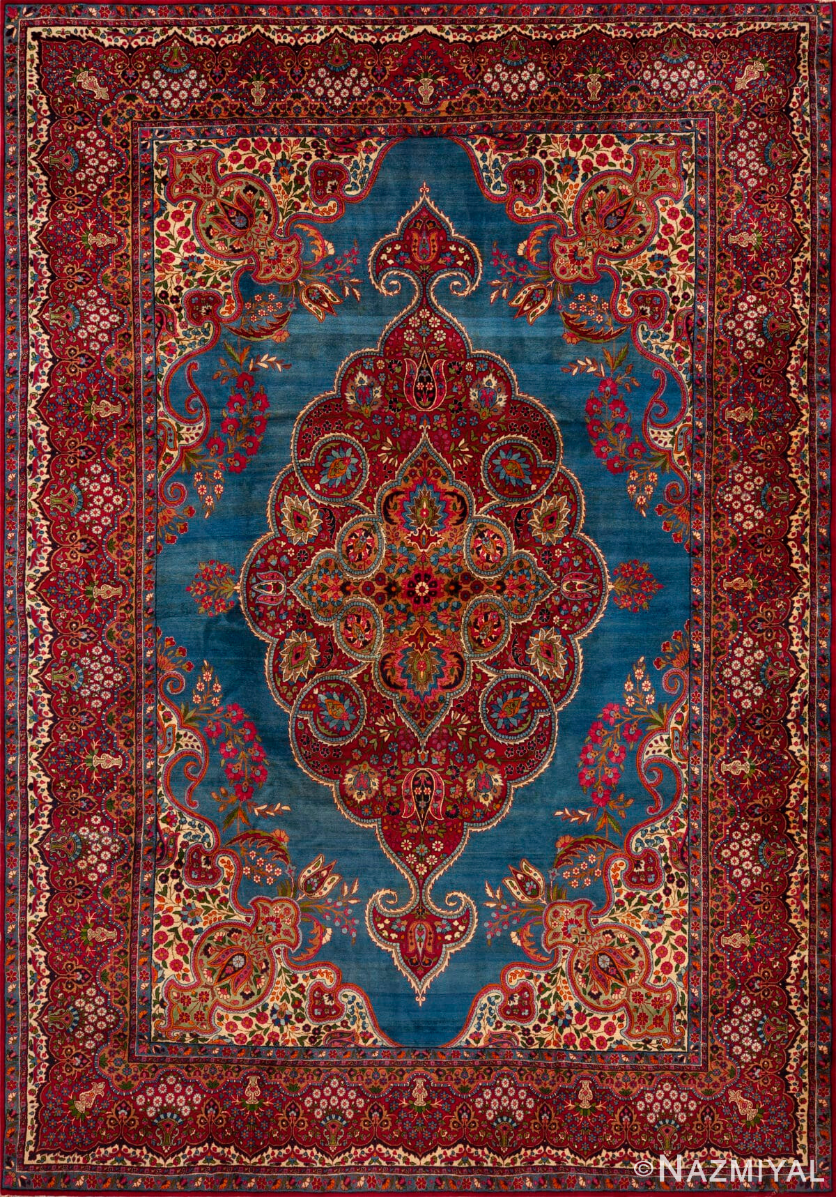 Adorable Vintage Qum Silk Rug with Sapphire Field and Crimson Medallion 73724 by Nazmiyal Antique Rugs
