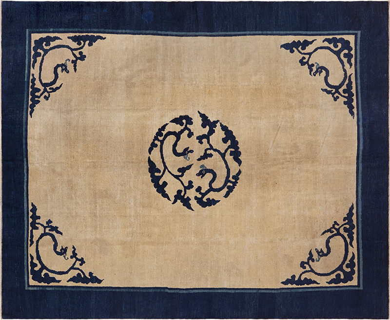Antique Chinese Ningxia Rug with Minimalist Dragon Medallion 73588 by Nazmiyal Antique Rugs