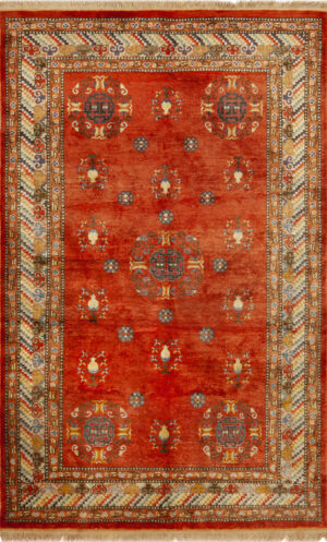 Radiant Vintage Silk Khotan Rug with Auspicious Medallion and Vibrant Red Field 73777 by Nazmiyal Antique Rugs
