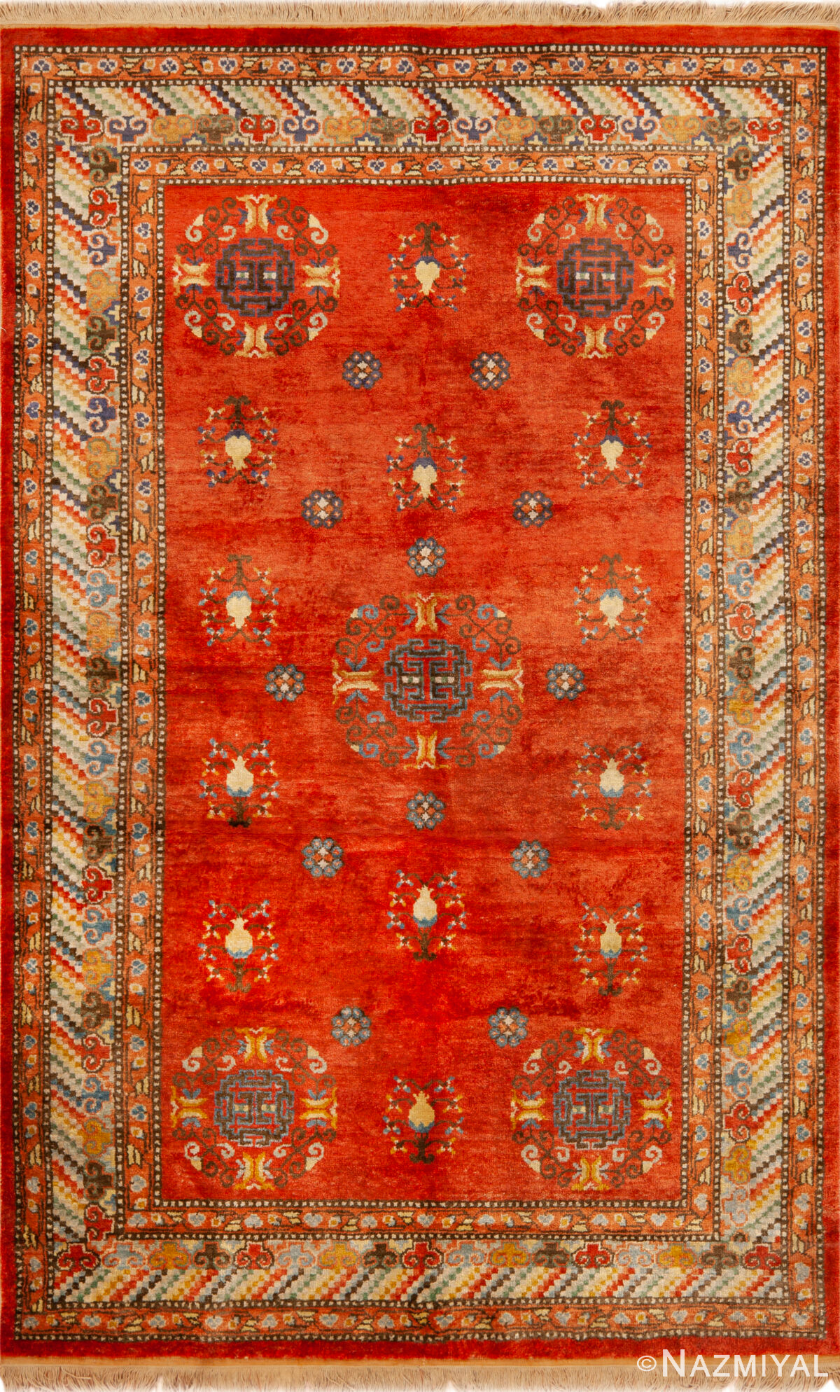 Radiant Vintage Silk Khotan Rug with Auspicious Medallion and Vibrant Red Field 73777 by Nazmiyal Antique Rugs