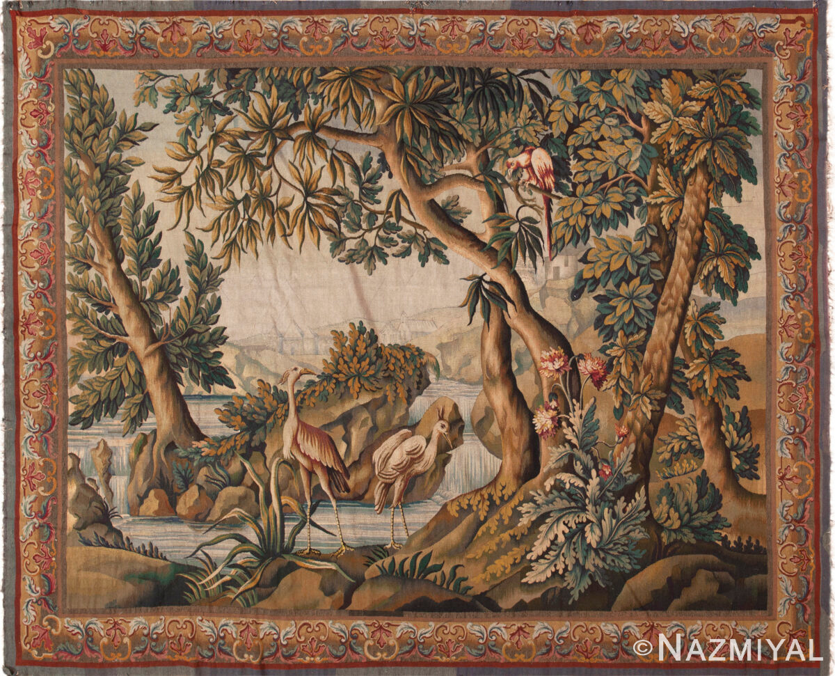 Vintage French Verdure Tapestry with Exotic Birds and Scenic Woodland Setting 73755 by Nazmiyal Antique Rugs