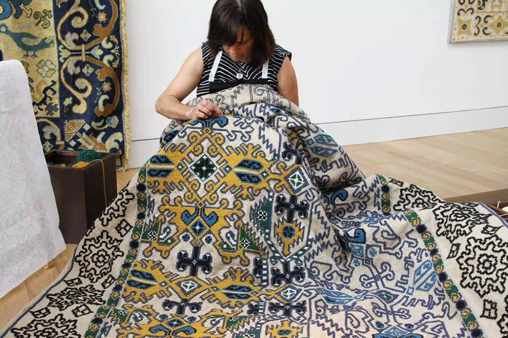 Arraiolos Needlepoint Carpet in the Making by Nazmiyal