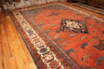 Floor view of Antique Persian Serapi Rug with Cerulean Corners 73647 by Nazmiyal Collection