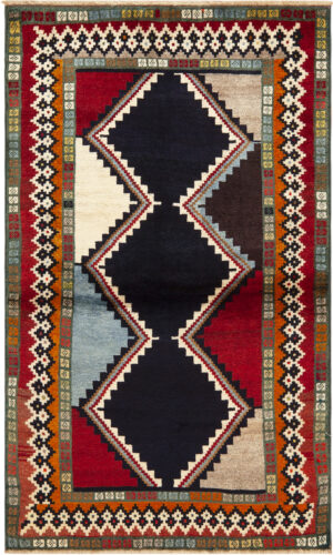 Striking Vintage Persian Gabbeh Rug with Bold Tribal Design and Vibrant Color Contrasts 73798 by Nazmiyal Antique Rugs