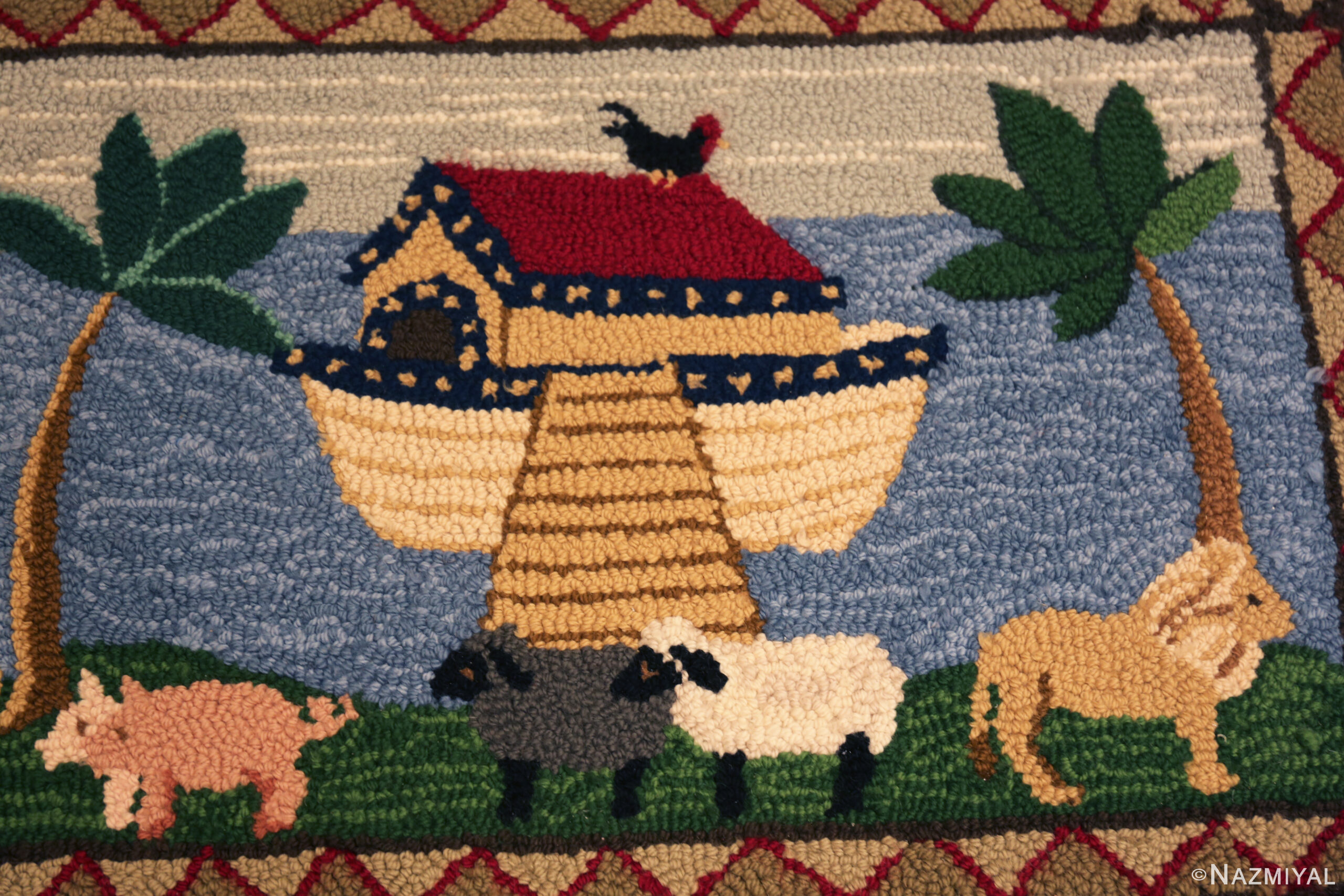 Antique American Folklore Hooked Rug Noah's Ark 73618