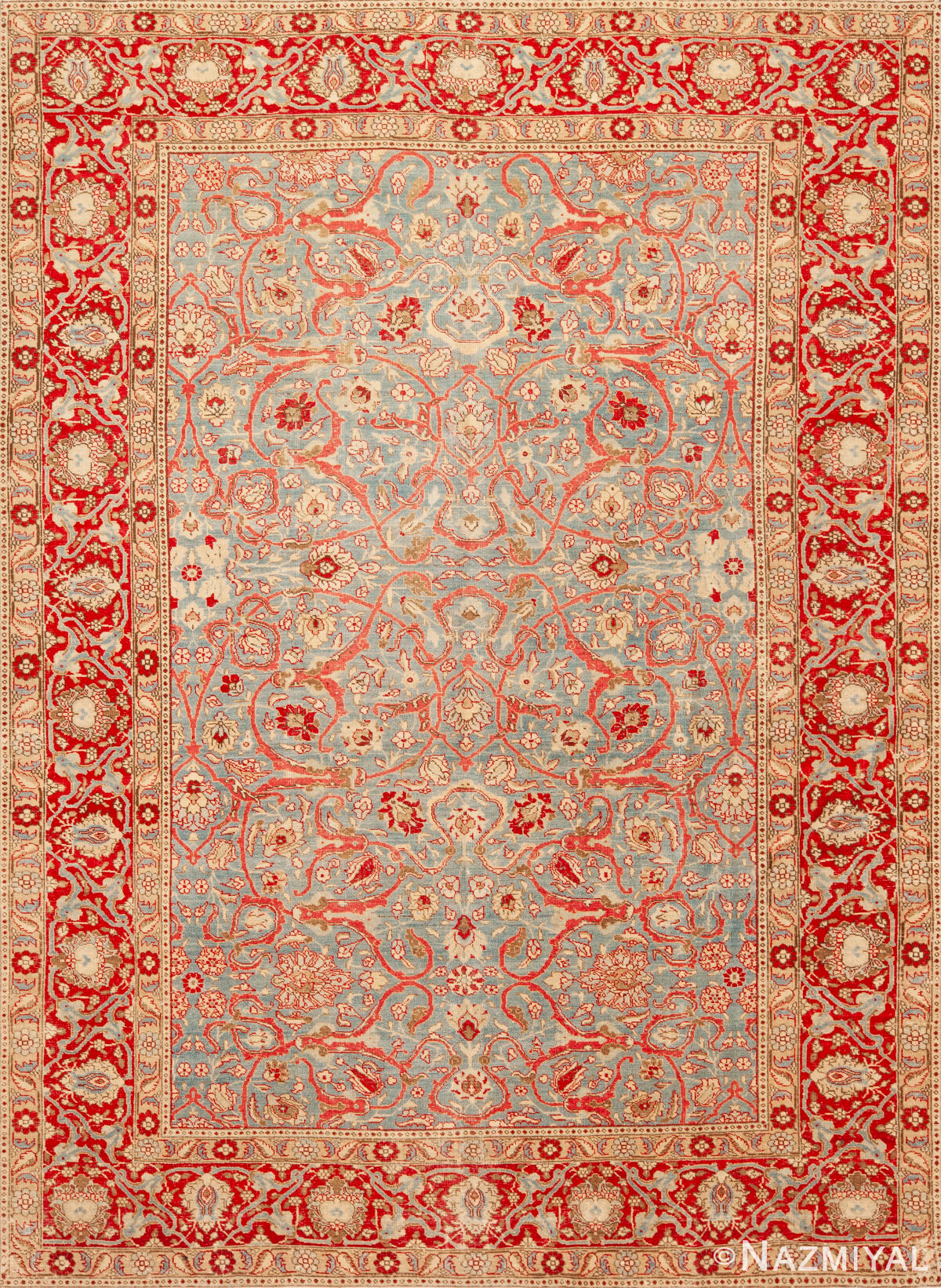 Exquisite Antique Persian Tabriz Rug with Sky Blue Field and Refined Red Floral Border 73158 by Nazmiyal Antique Rugs