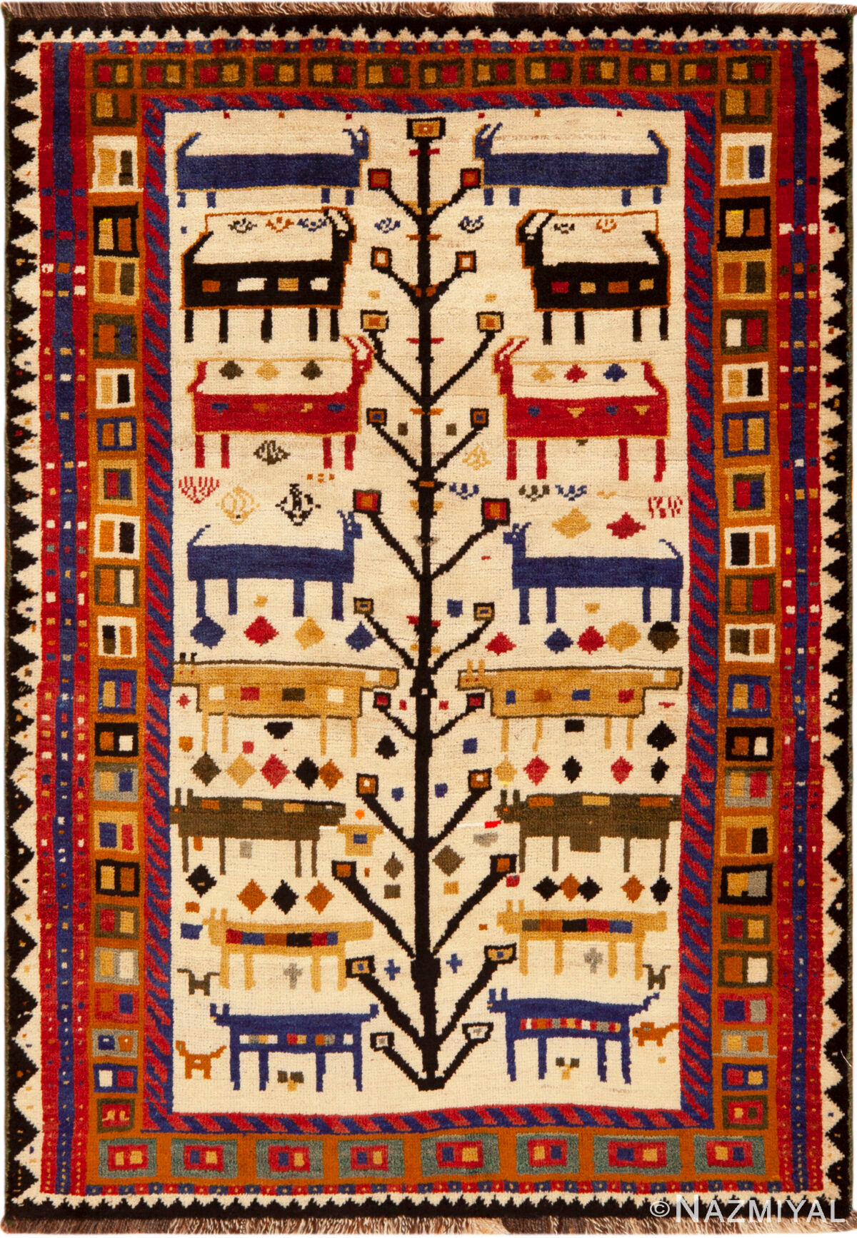 Charming Vintage Persian Gabbeh Rug with Stylized Animal Motifs and Tribal Tree of Life Design 73804 by Nazmiyal Antique Rugs