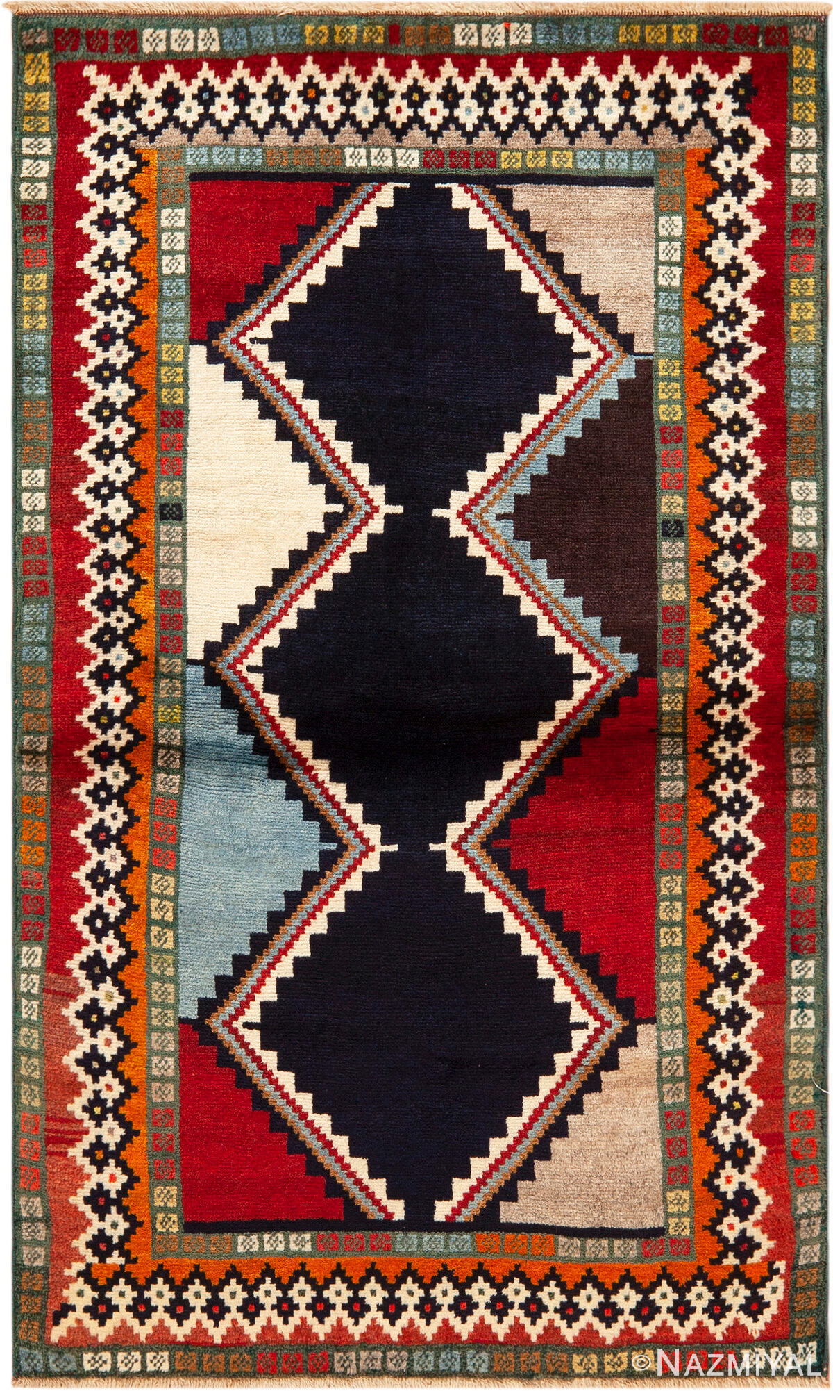 Striking Vintage Persian Gabbeh Rug with Bold Tribal Design and Vibrant Color Contrasts 73798 by Nazmiyal Antique Rugs