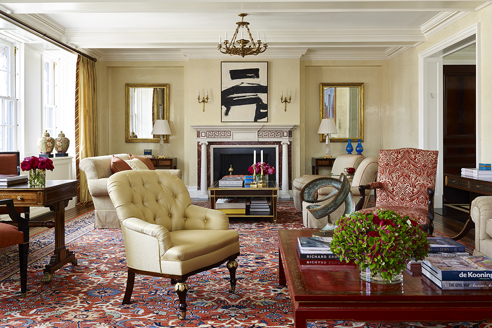 Antique Rug in Living Room Designer Cullman Kravis Photo Joshua McHugh Nazmiyal Collection