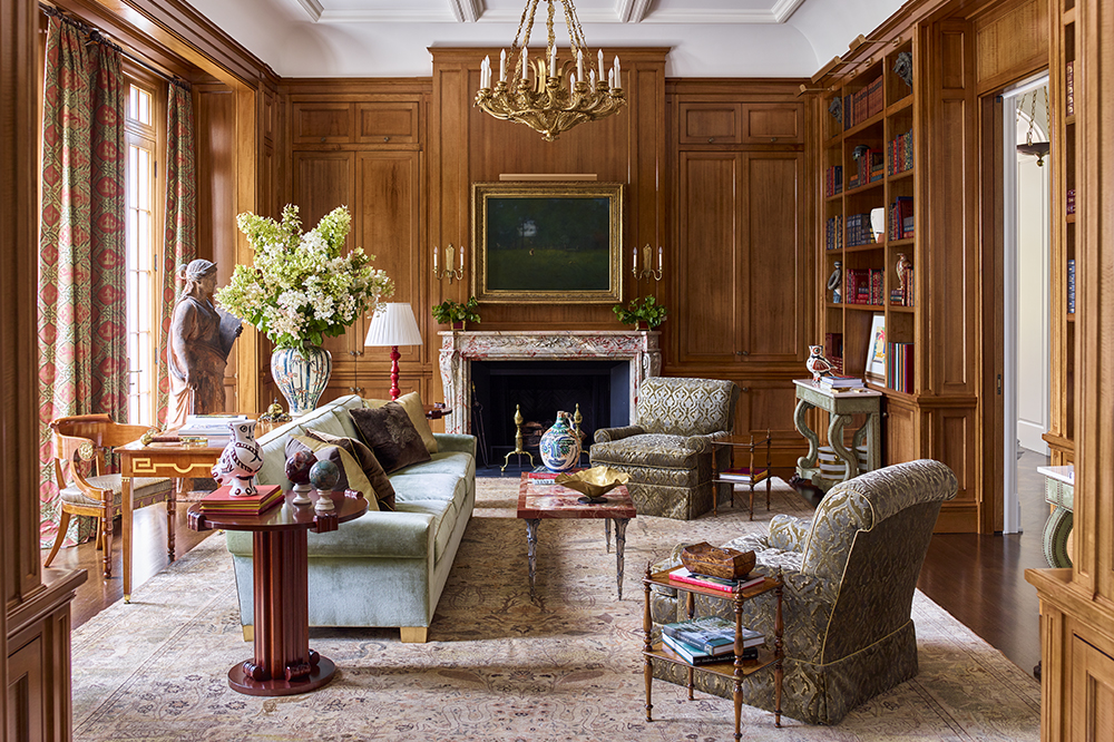 Antique Rug in the library of a Georgian-style New Jersey home designed by Cullman & Kravis and architect James Photo Eric Piasecki