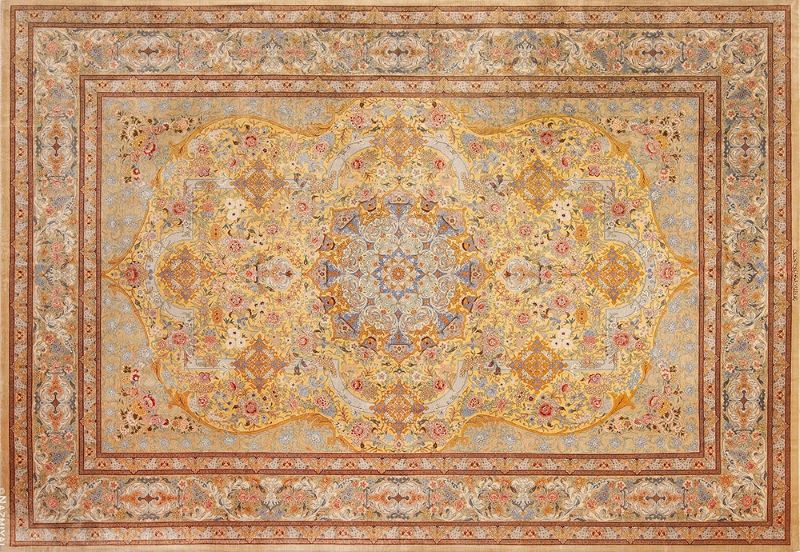 Horizontal Luxurious Gold Color Vintage Persian Silk Qum Rug 72746 by Nazmiyal Rugs