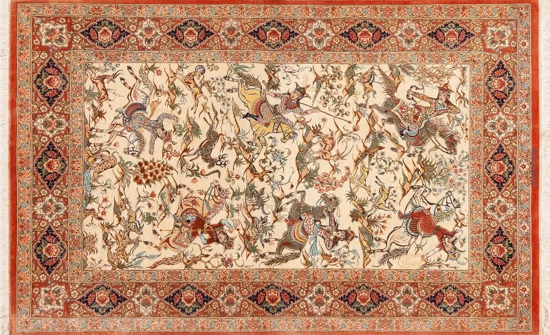 Horizontal Small Artistic Pictorial Hunting Scene Design Luxurious Vintage Persian Silk Qum Rug 72775 by Nazmiyal Rugs
