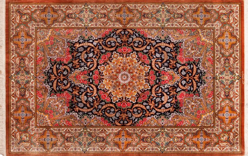 Horizontal Small Size Fine Weave Vintage Persian Silk Qum Luxury Rug 72763 by Nazmiyal Rugs