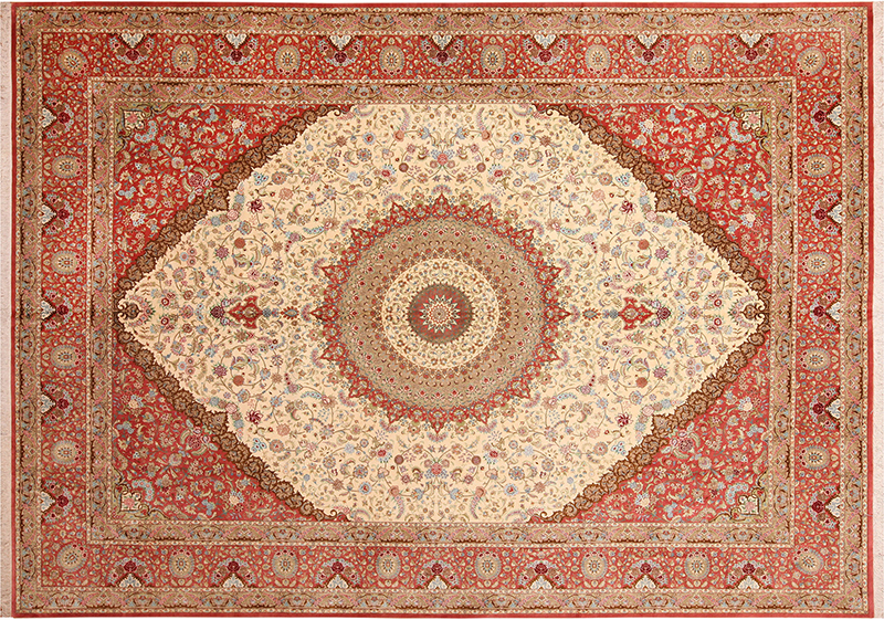Extremely Fine Weave Floral Central Medallion Vintage Room Size Persian Silk Qum Rug 70244