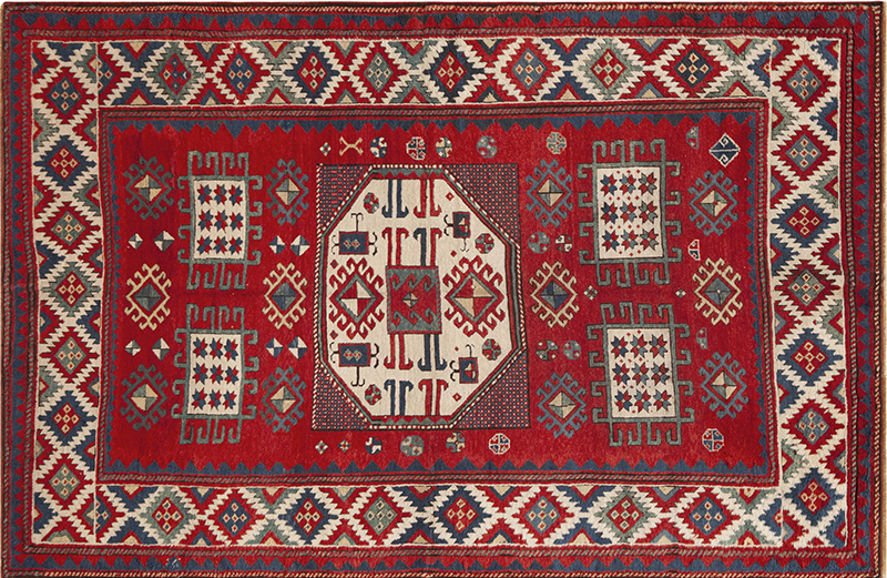 Charming Red Bold Geometric Antique Caucasian Kazak Rug 73852
