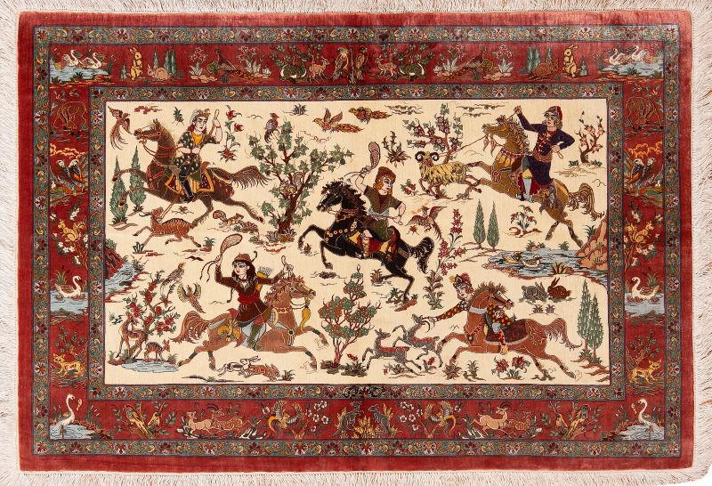 Artistic Hunting Scene Design Vintage Persian Silk Qum Small Luxury Rug 72770 by Nazmiyal Rugs Guide