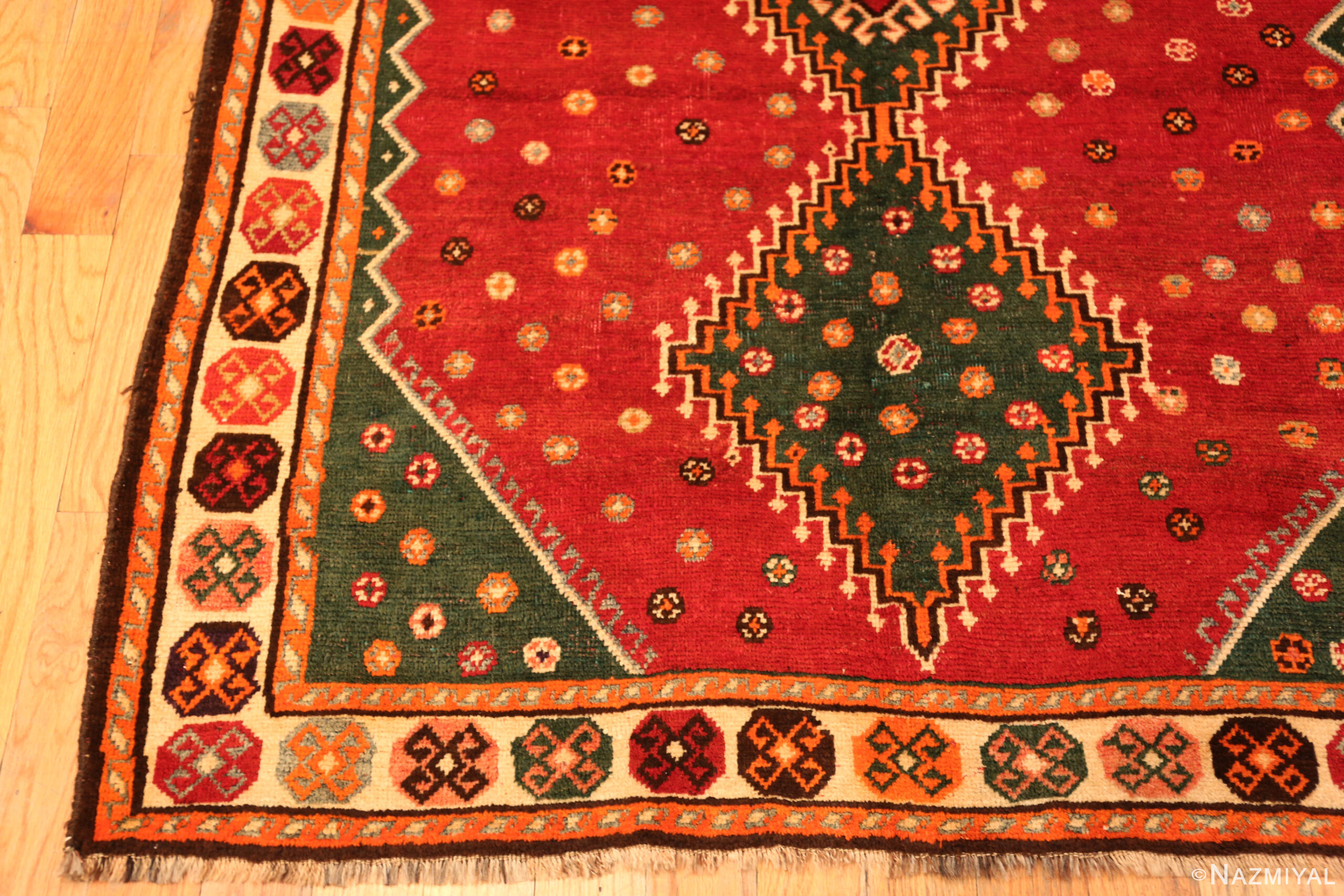 Corner Detail of Feature Vintage Persian Gabbeh Green Diamond Rug 73904 by Nazmiyal Rugs