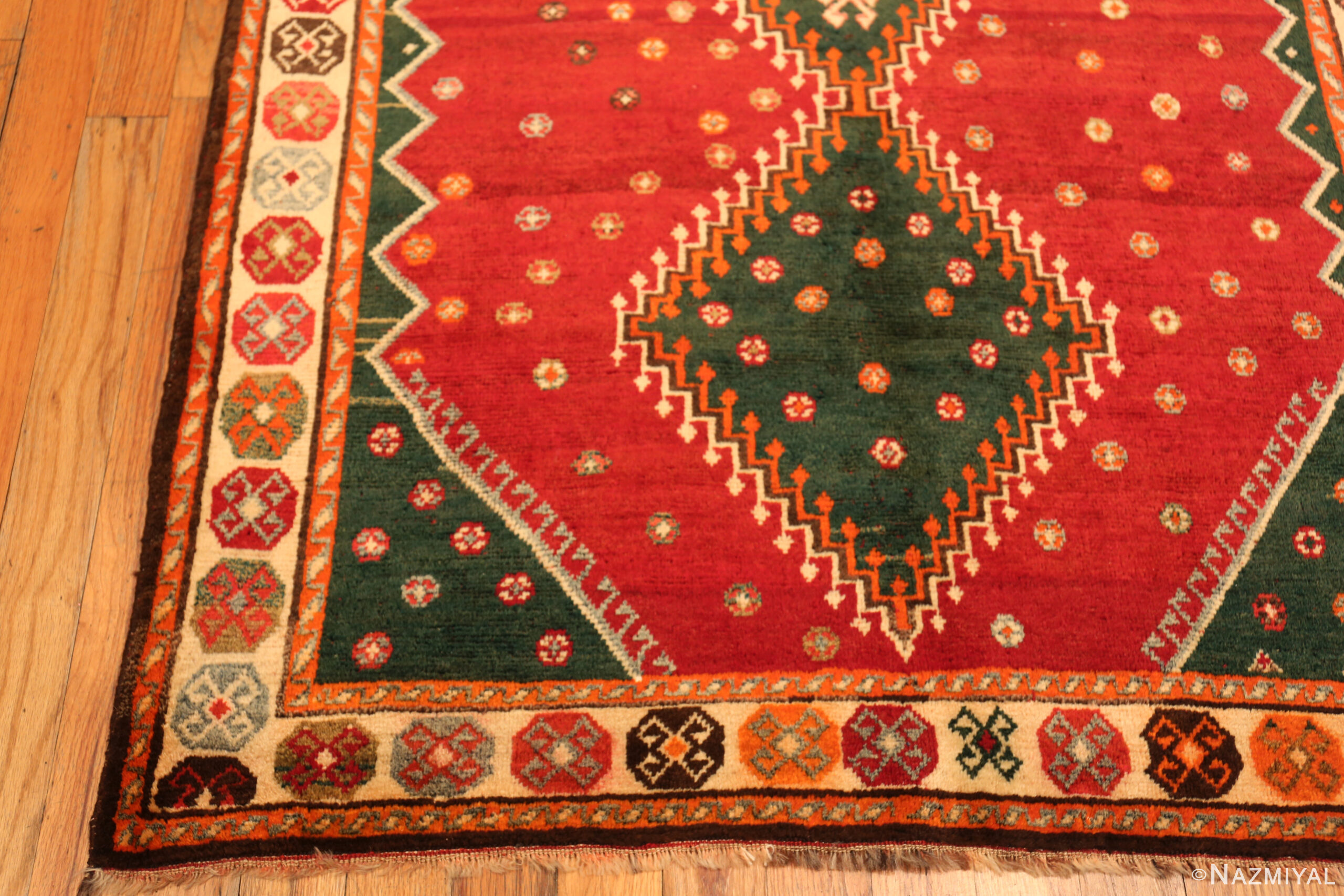 Corner of Feature Vintage Persian Gabbeh Green Diamond Rug 73904 by Nazmiyal Rugs