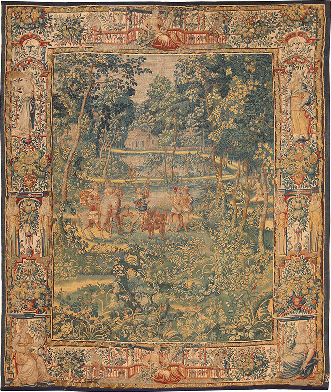Refined 17th Century Wool and Silk Antique French Hunting Scene Verdure Tapestry 70856