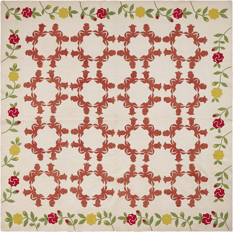 Geometric Patterned Ivory Floral Trim Antique American Wreath Quilt Textile 73844