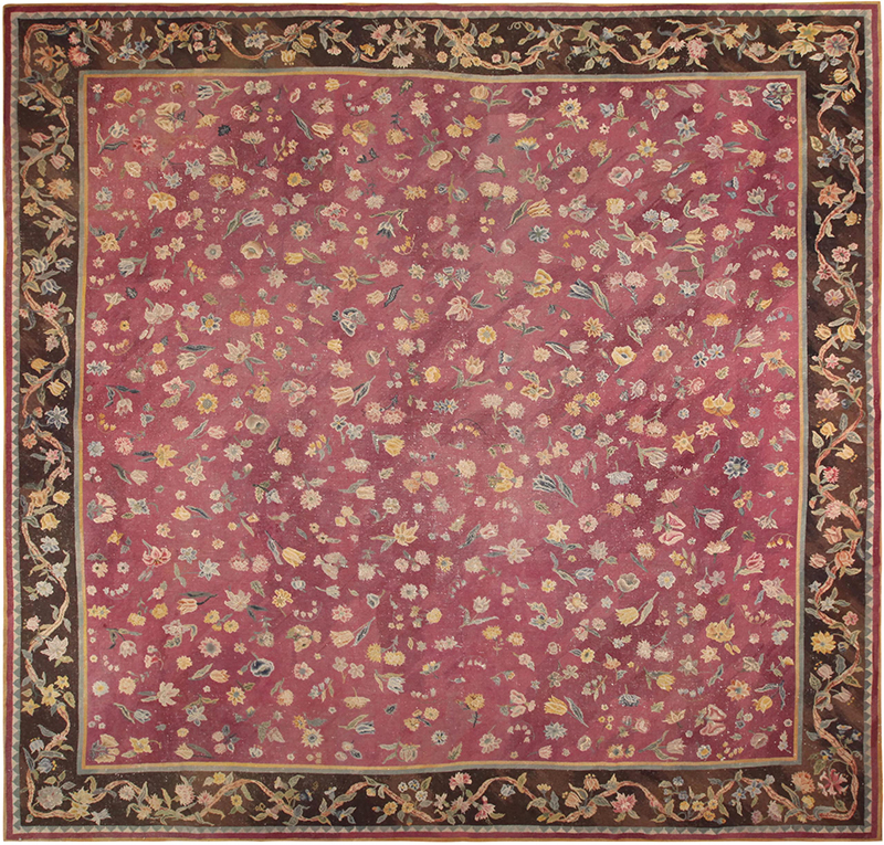Square Antique Purple English Needlepoint Allover Floral Rug 71983