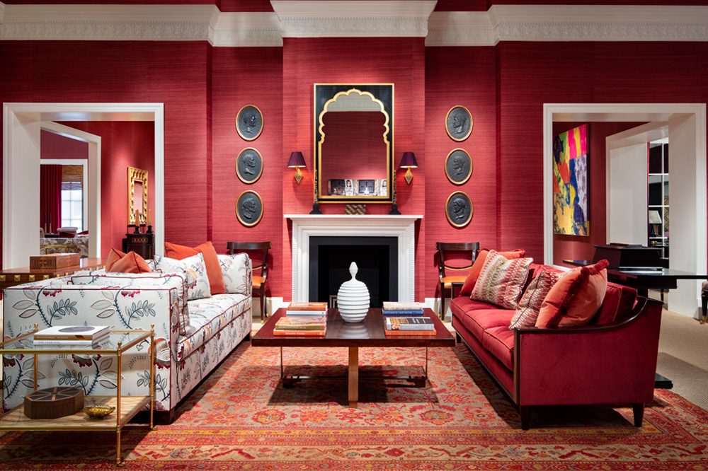 Alexa Hampton Red Symmetrical Living Room Interior