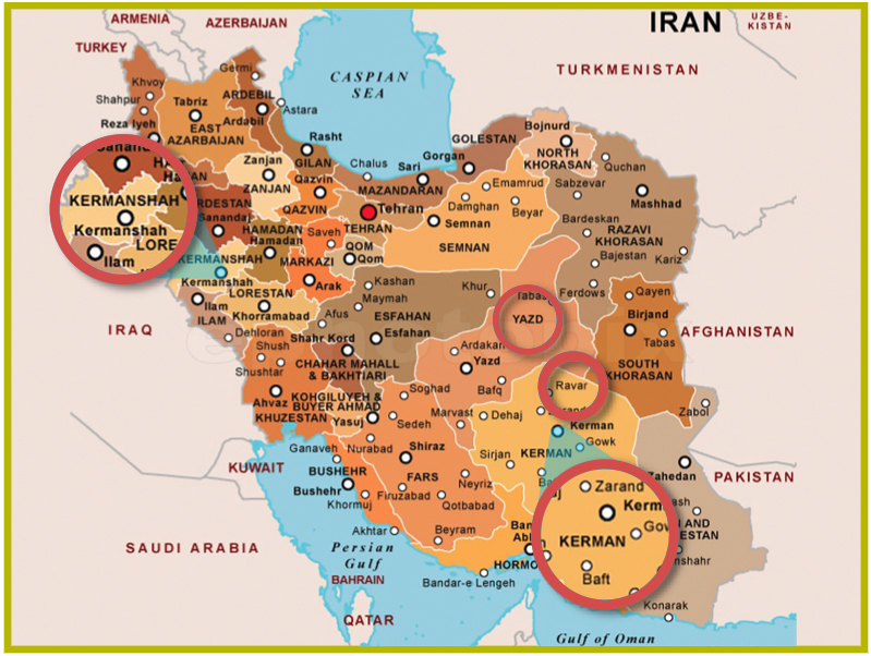 Map of Prominent Persian Rugs Production Centers by Nazmiyal