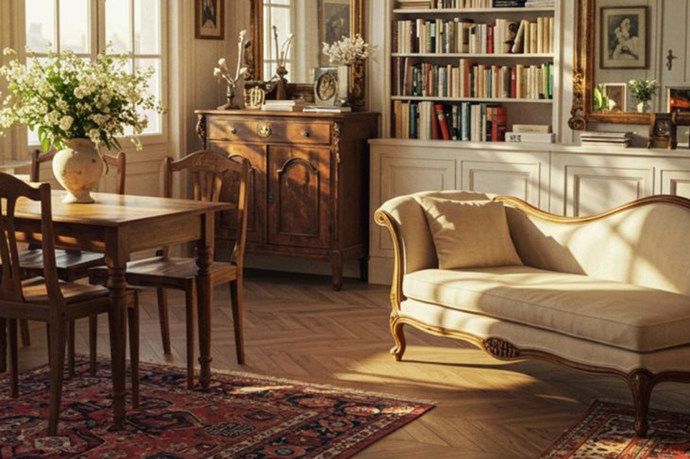 Antique French interior with rug — Nazmiyal Antique Rugs