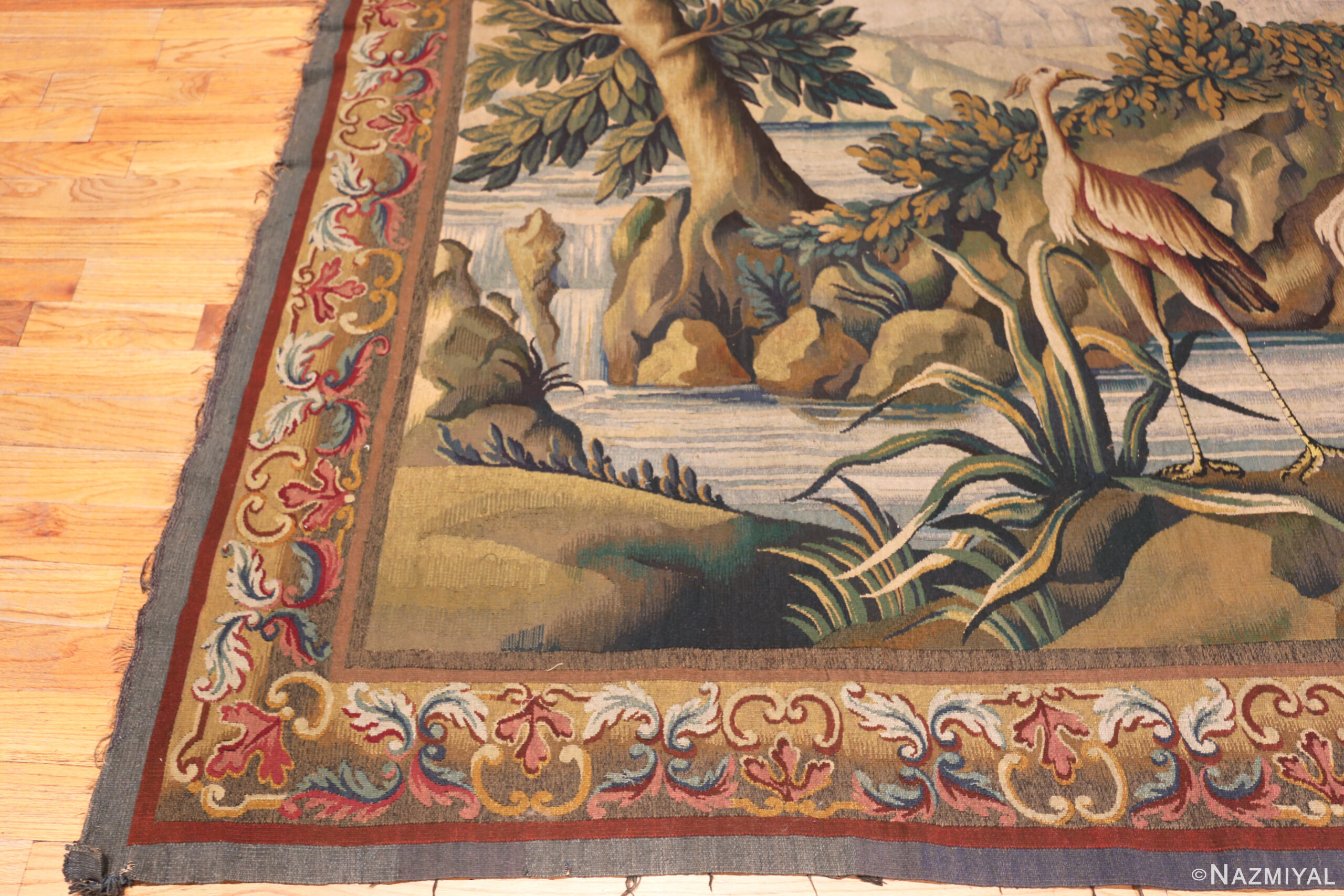 Vintage French Verdure Tapestry with Scenic Woodland Setting