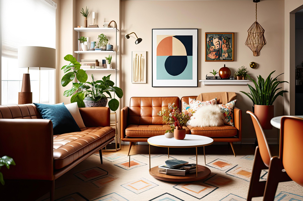 Mid-Century Modern Interior with Diamond Rug for Blog
