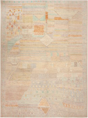 Modern Central Asian Neutral Colorful Accents Rug 12366 by Nazmiyal Rugs