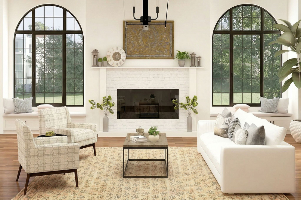 Modern Farmhouse White Walls Living Room with Rug for Blog