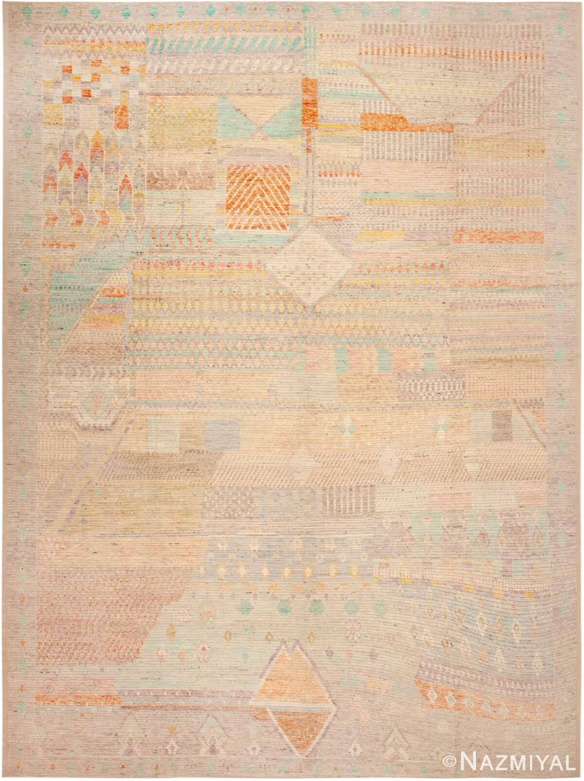 Modern Central Asian Neutral Colorful Accents Rug 12366 by Nazmiyal Rugs