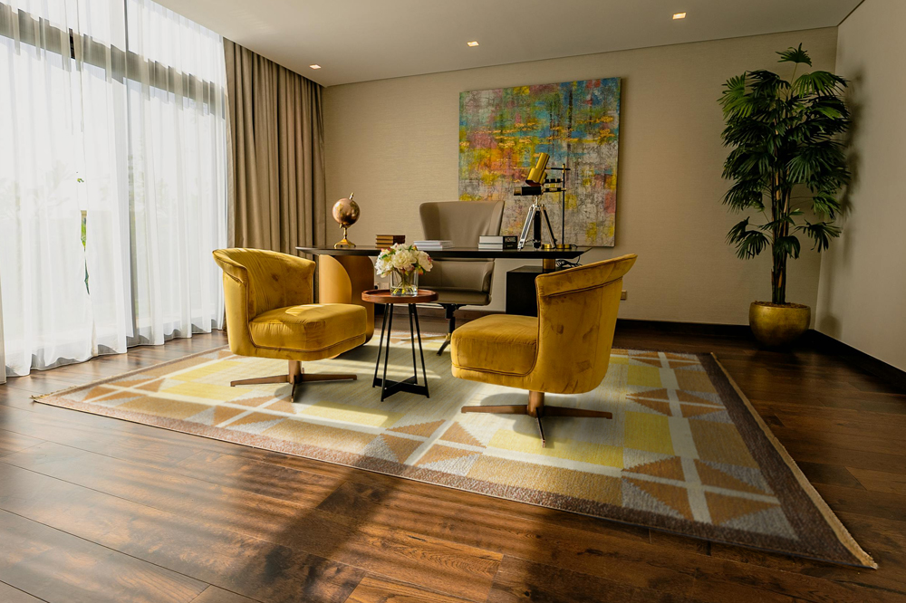 Office Interior with Scandinavian Kilim by Nazmiyal Rugs