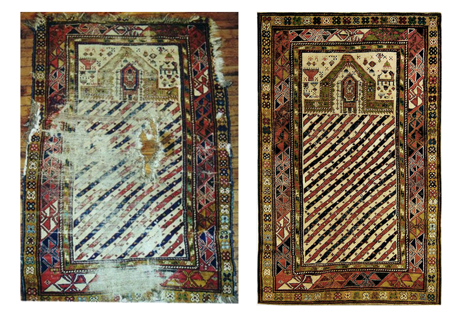 Prayer Rug Before/After Restoration by Nazmiyal Rugs
