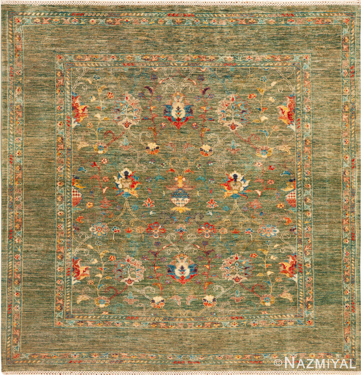 Modern Central Asian Green Floral Rug 12433 by Nazmiyal Rugs