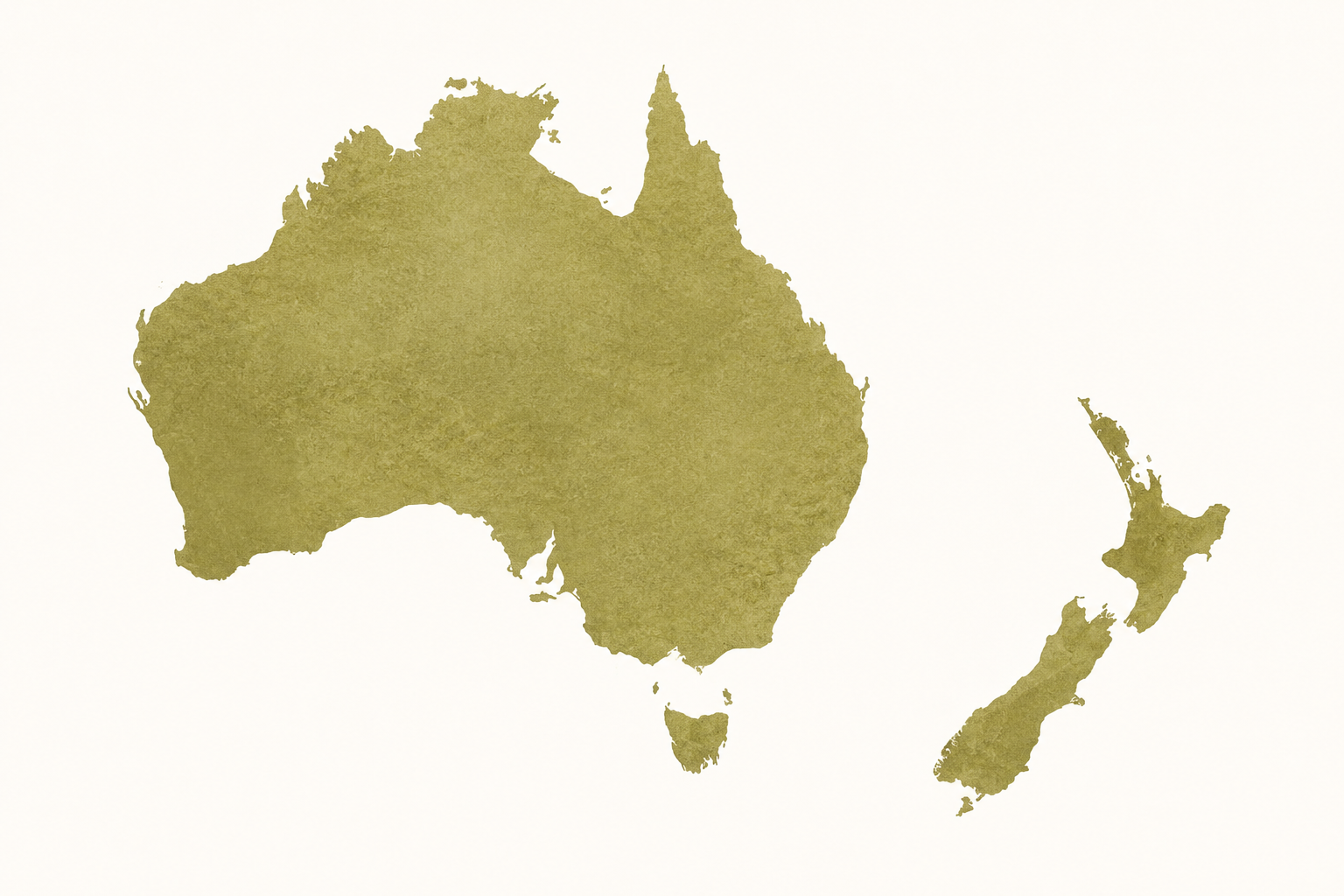 Map illustration of Australia and New Zealand in muted olive tones