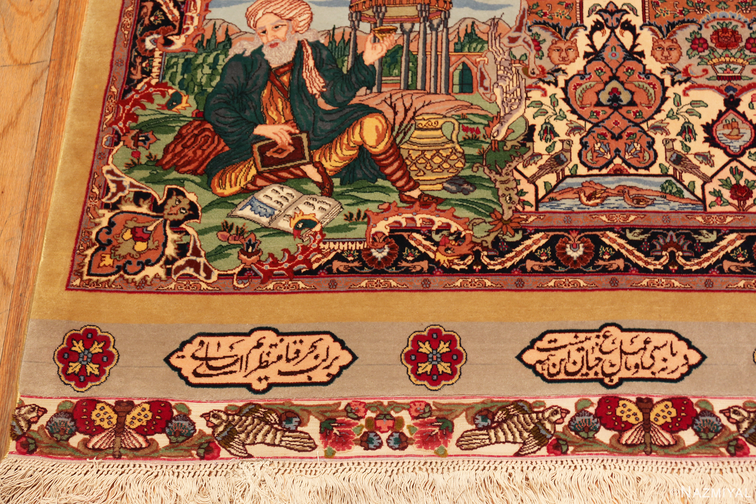 Left Corner Detail of Large Vintage Persian Silk and Wool Tabriz Rug 74077 by Nazmiyal Rugs