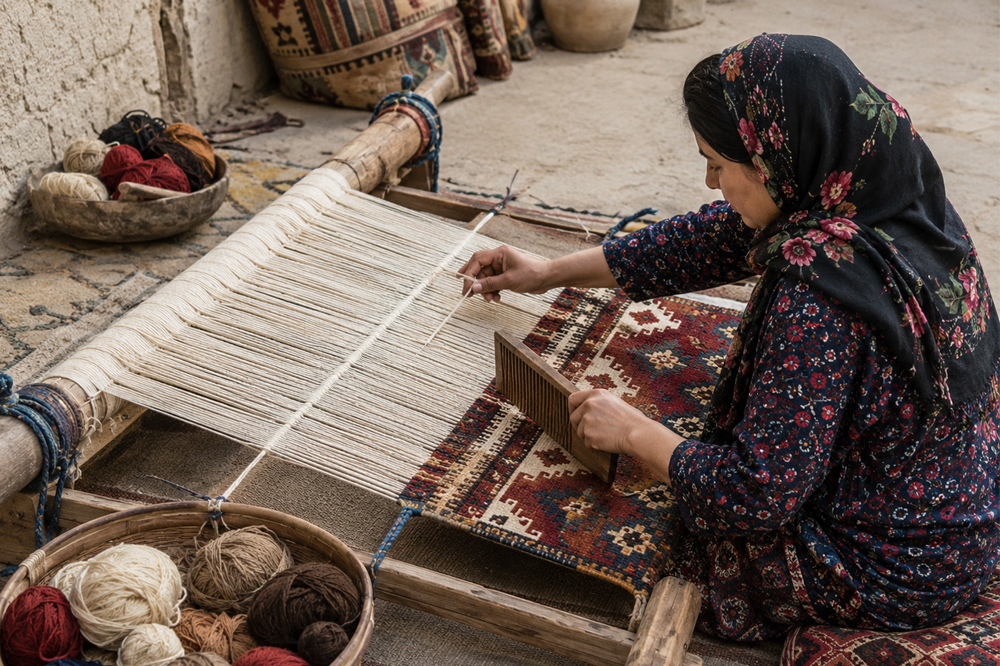 Woman Weaving on Horizontal Loom by Nazmiyal Rugs