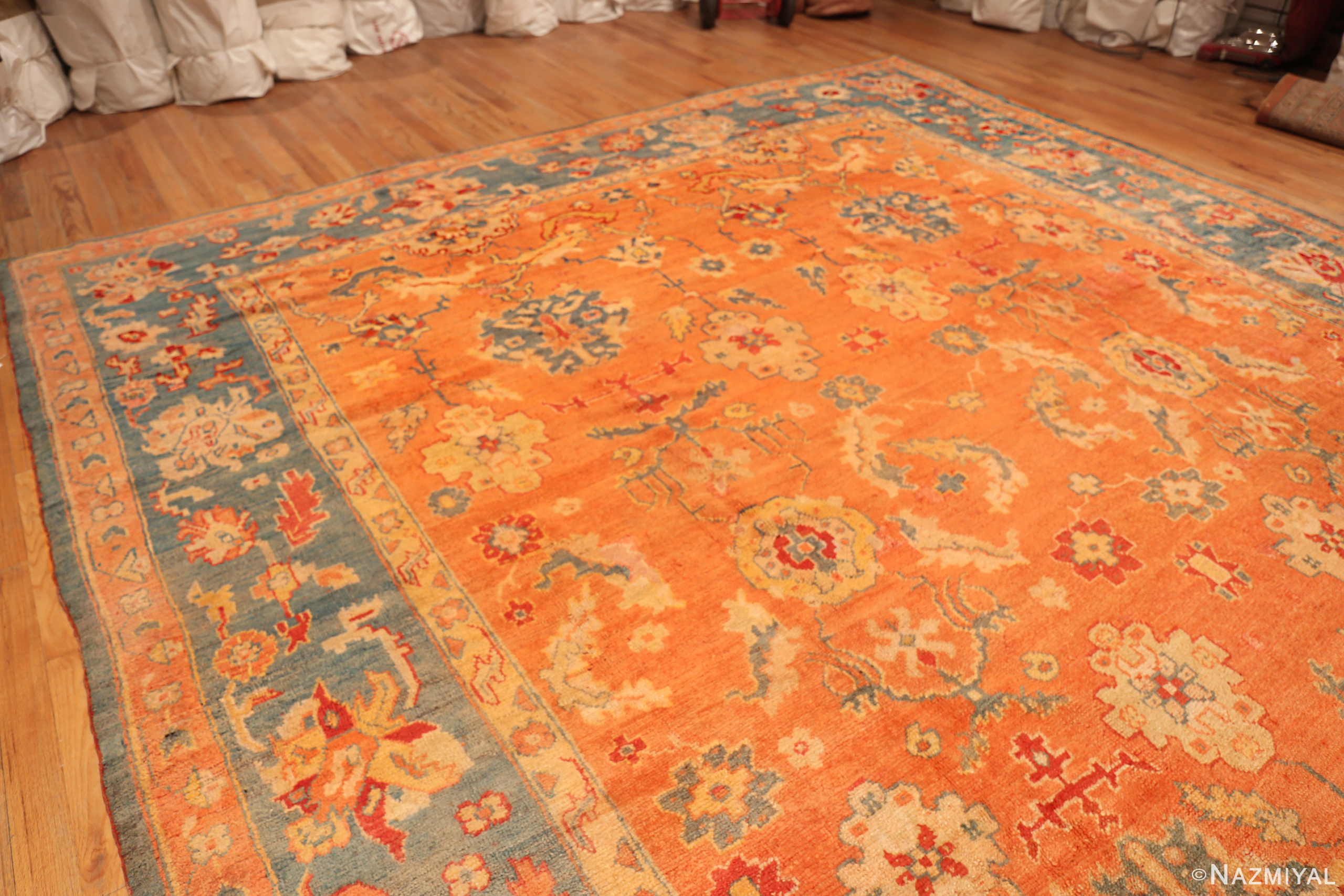 Floor View of Antique Turkish Oushak Rug 74329 by Nazmiyal Rugs
