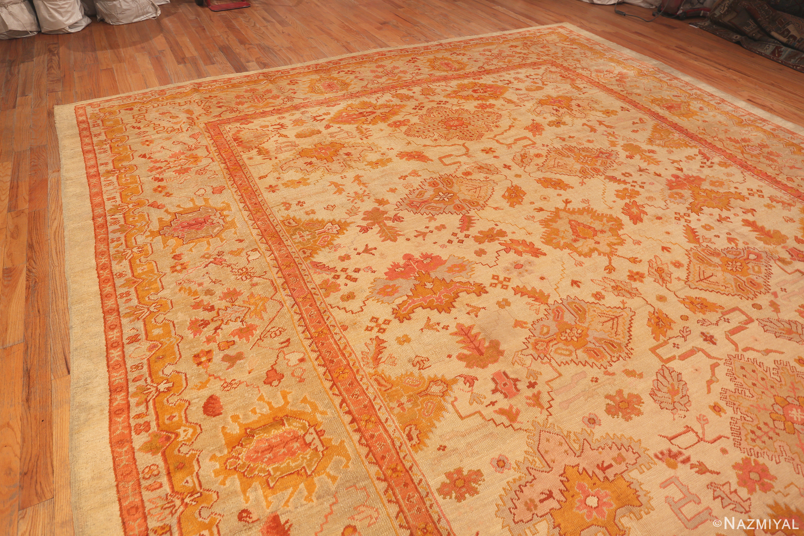 Floor View of Large Antique Turkish Oushak Rug 74429 by Nazmiyal Collection