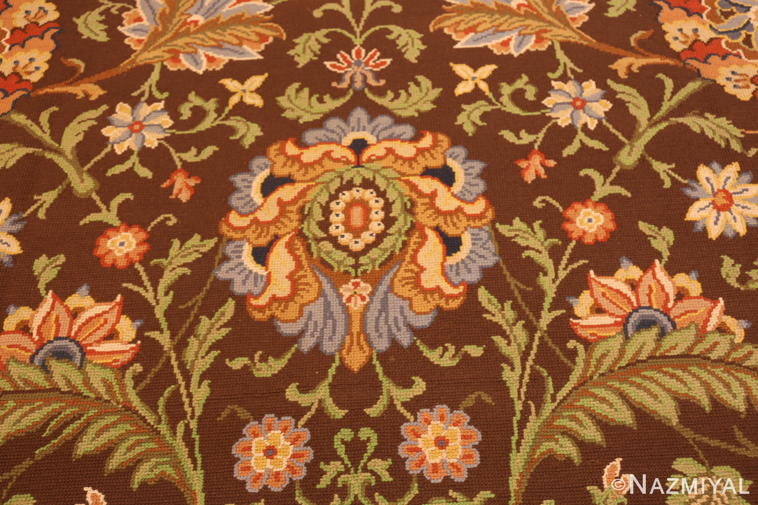 Floral Feature of Vintage Gallery Size Portuguese Needlepoint Rug 74150 by Nazmiyal Rugs