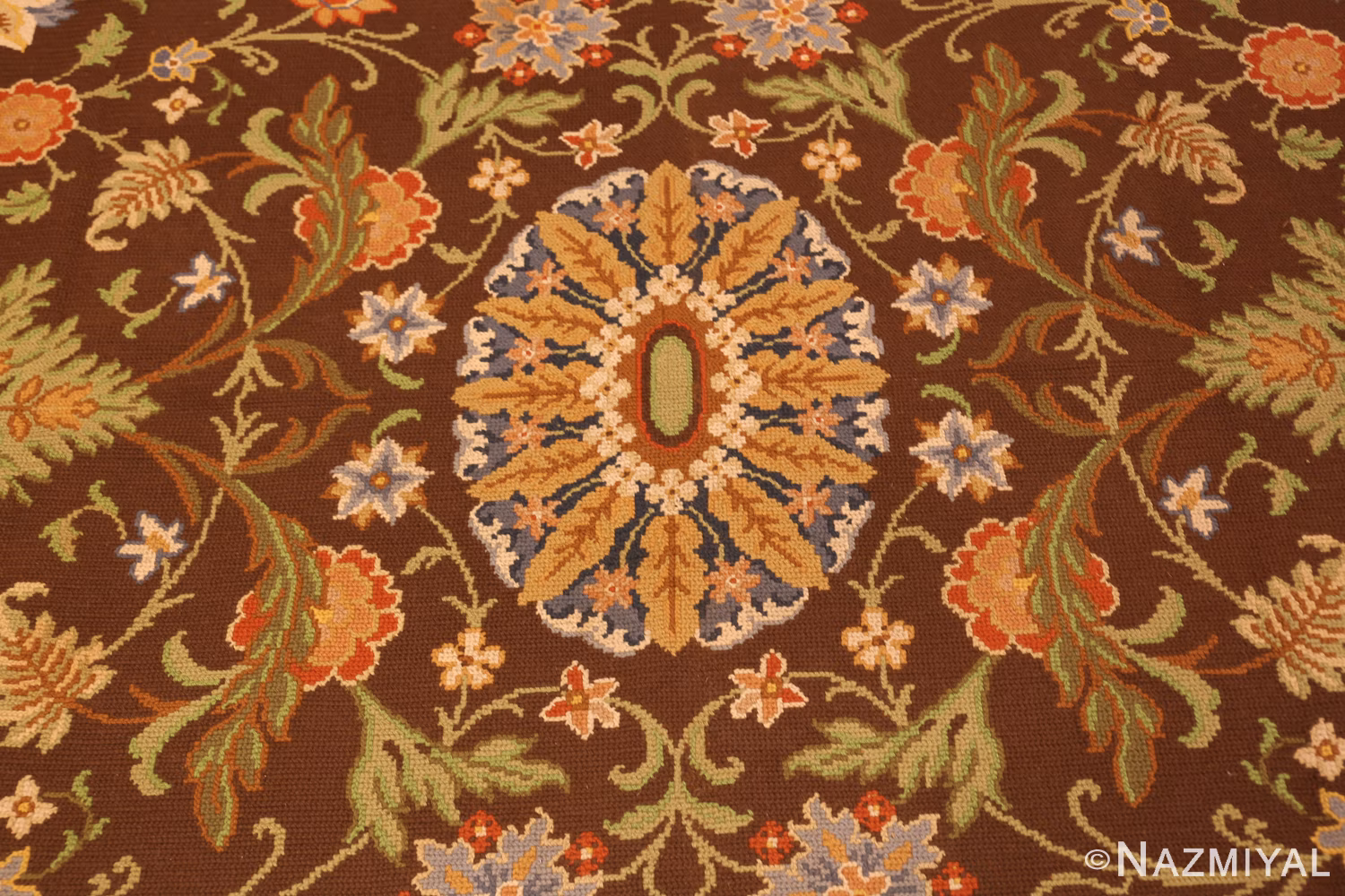 Rounded Feature of Vintage Gallery Size Portuguese Needlepoint Rug 74150 by Nazmiyal Rugs