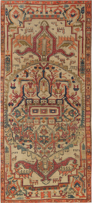 Dated antique Caucasian Karabagh rug 74518 with angular animals, charm-like motifs, repeated 1322 inscriptions, and an ivory field.