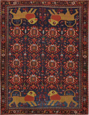Antique Persian Afshar rug 74517 with four golden lions, red floral palmettes, and geometric borders on a deep blue ground.